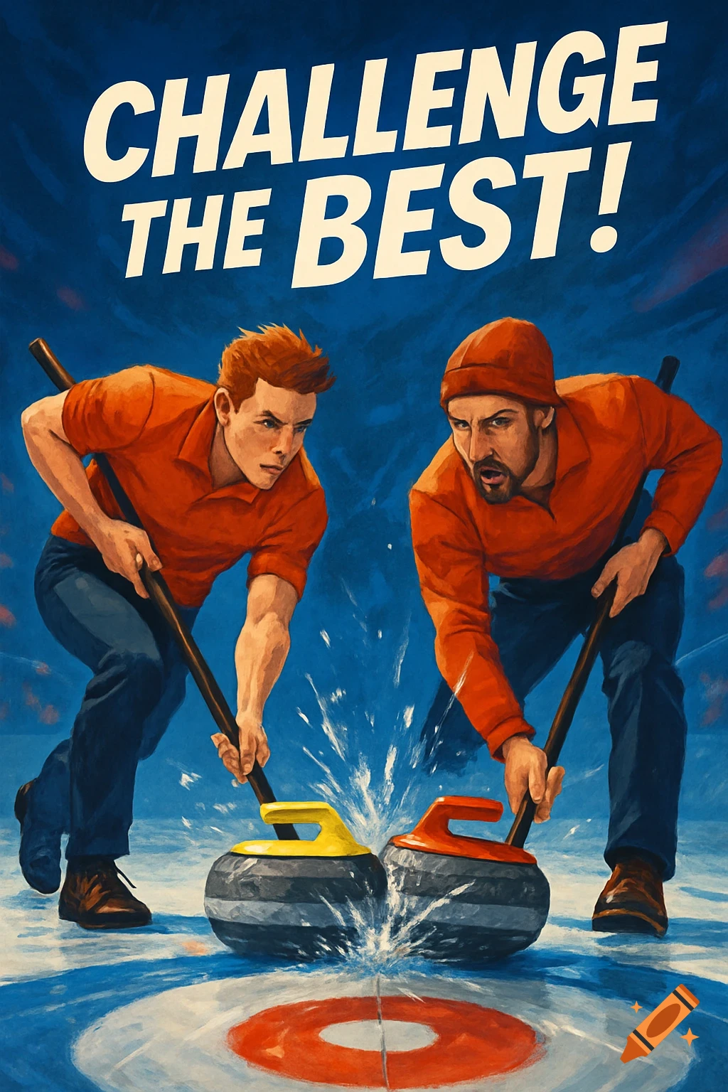 An intense illustration of two curling players sweeping stones on the ice, with the text 'CHALLENGE THE BEST!' above.