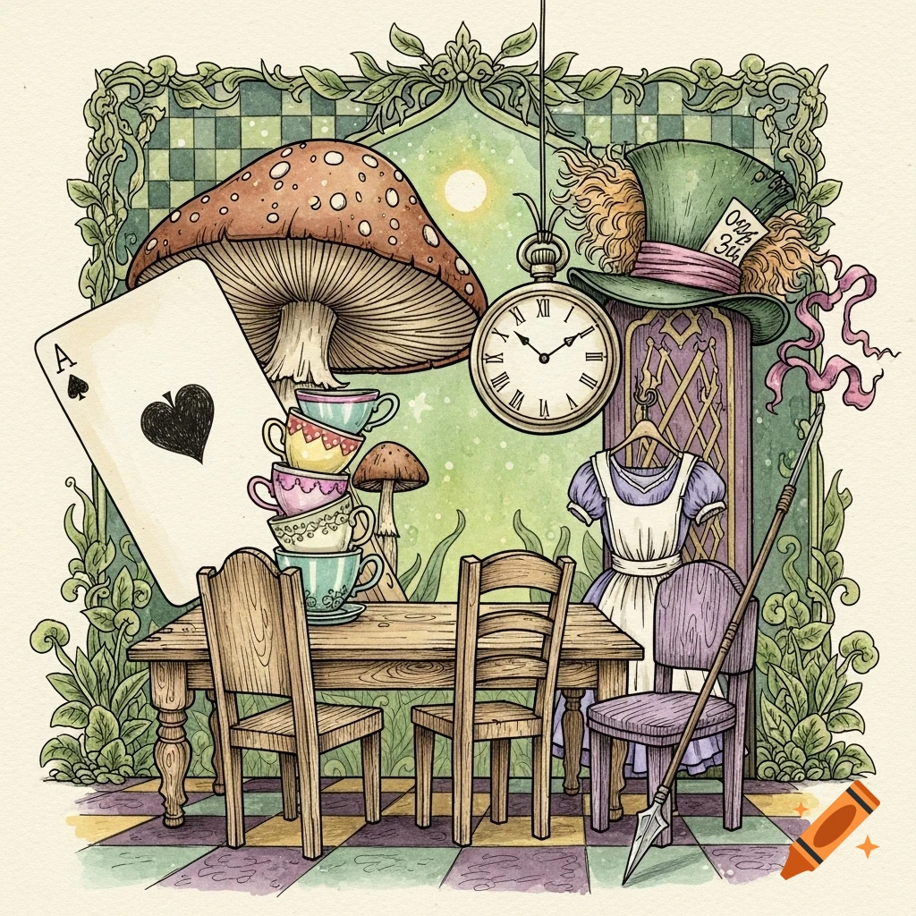 Vintage-style illustration inspired by Alice in Wonderland, featuring a table with chairs, stacked teacups, a large mushroom, an Ace of Spades card, a pocket watch, a Mad Hatter's hat, an Alice dress, and a spear, all surrounded by green foliage and a checkered floor, in a watercolor and ink style.