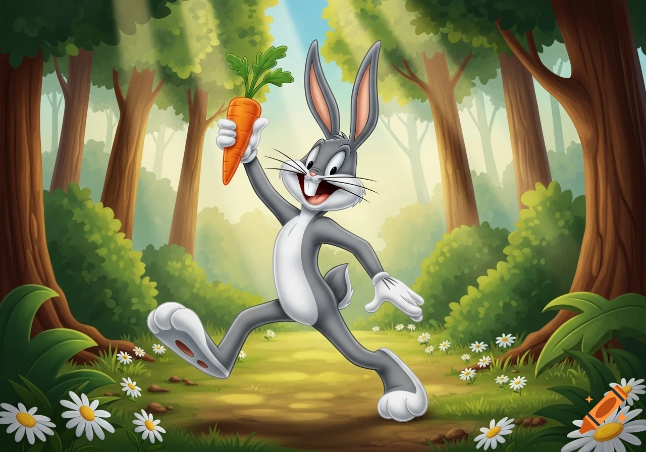 Bugs Bunny in a cartoon style, skipping through a sunny forest while holding a carrot amidst daisies.