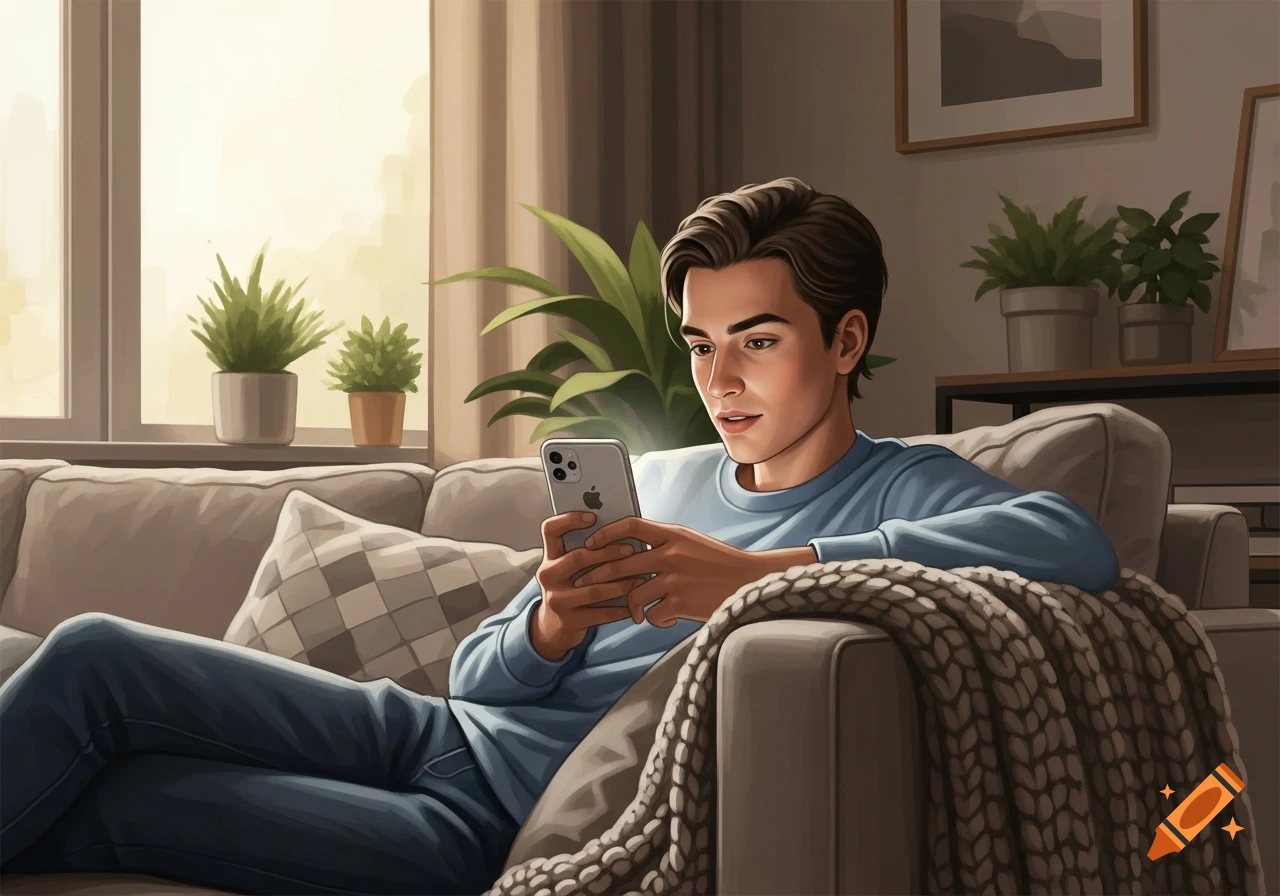A young man in a blue shirt sits on a beige couch, looking at his Apple smartphone, in a digital art style.