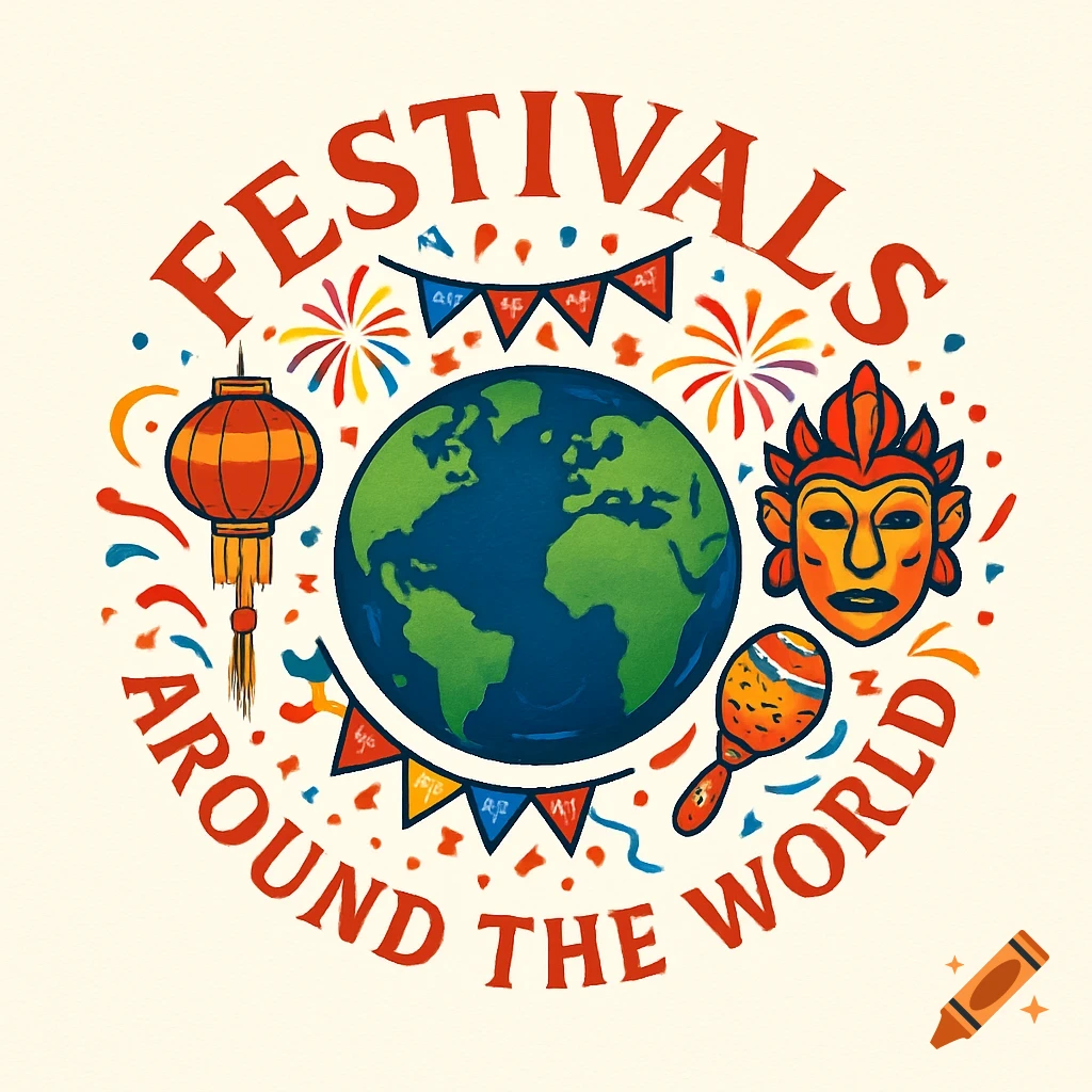 A colorful circular logo with a globe, surrounded by text 'Festivals Around The World', a Chinese lantern, tribal mask, maraca, fireworks, and bunting.