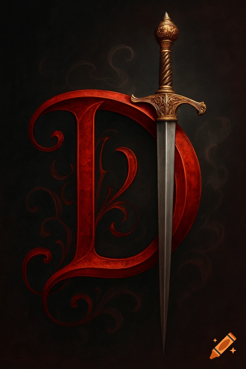 A stylized red letter D with an ornate gold-hilted sword vertically positioned in front, set against a dark, textured background.