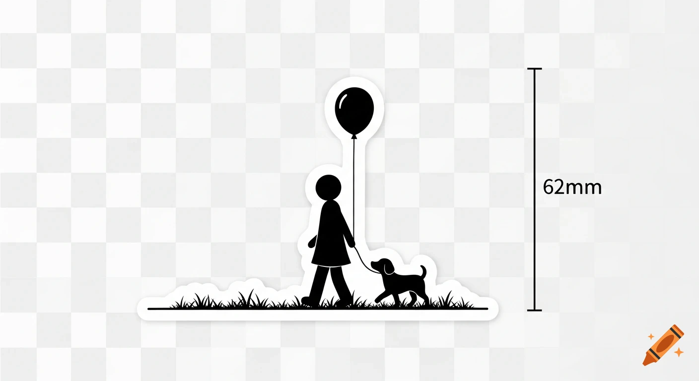 A minimalist black silhouette sticker of a person walking a dog and holding a balloon, with a "62mm" height marker.