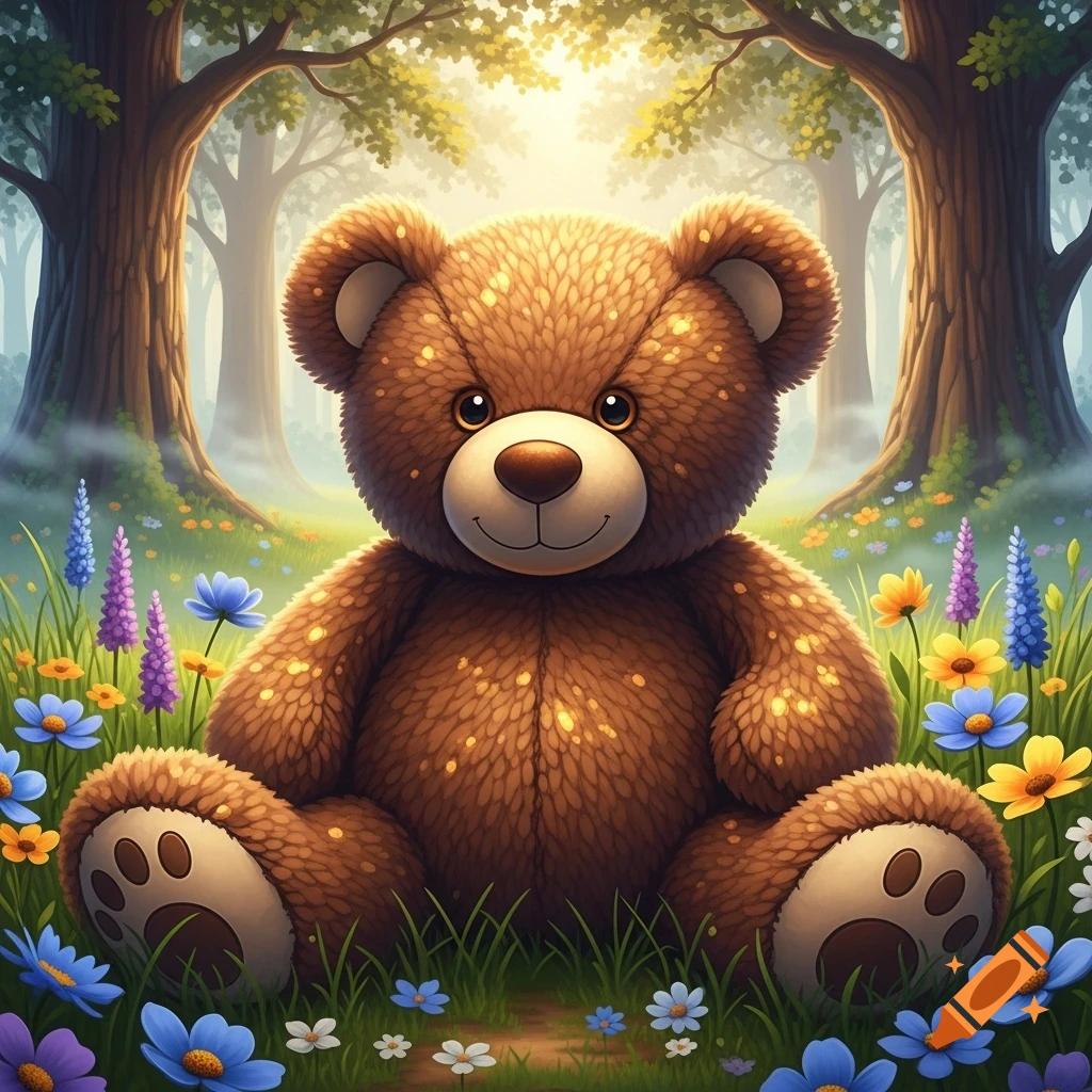 A fluffy brown teddy bear with sparkling fur sits among colorful wildflowers in a sunny, misty forest.