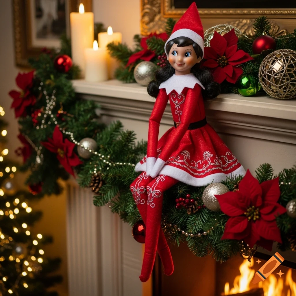 A photorealistic Christmas scene with a female elf doll in red and white, sitting on a decorated mantle above a lit fireplace.