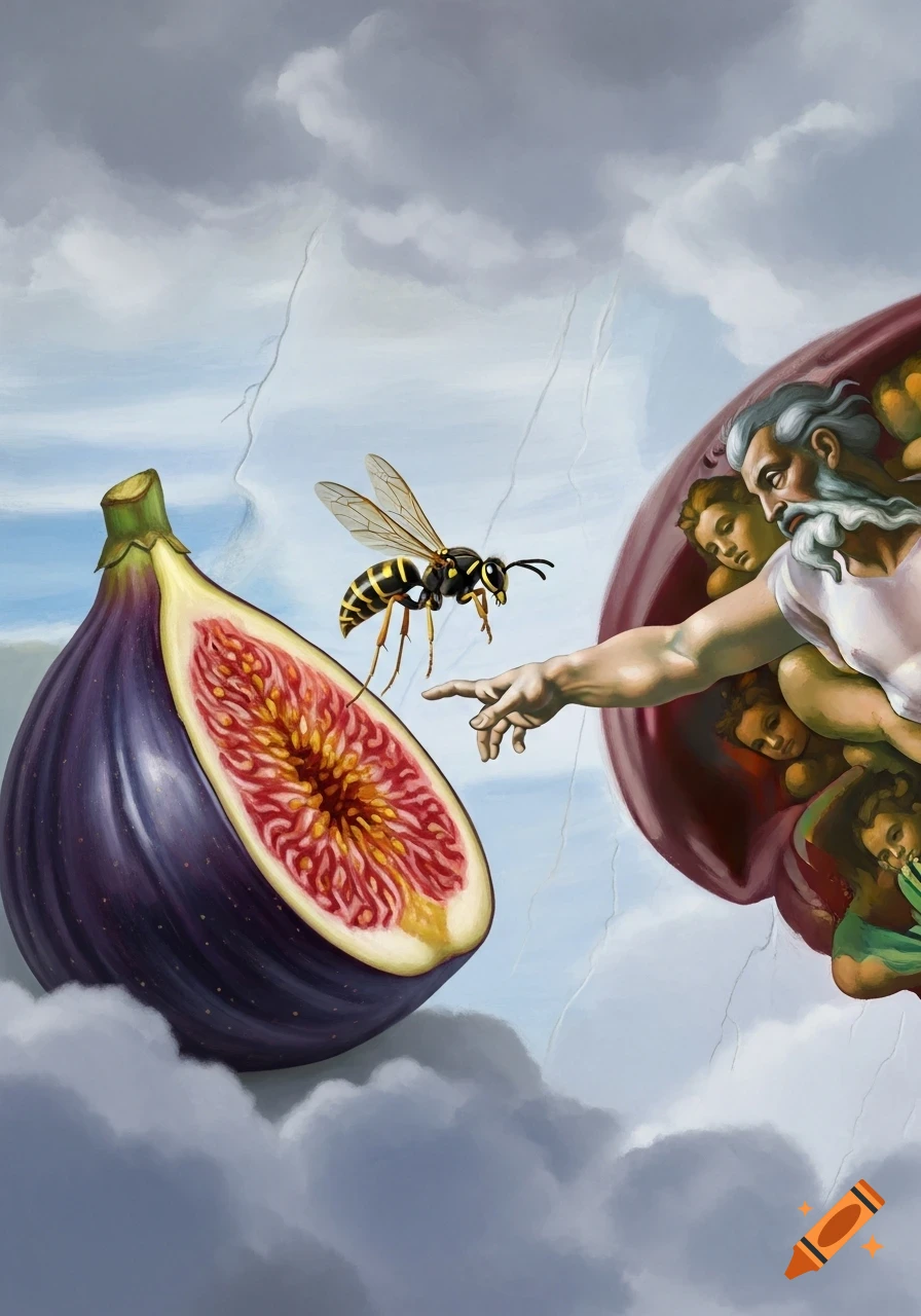 A fig wasp and a halved fig recreate Michelangelo's Creation of Adam, with a God-like figure and angels in a Renaissance painting style.