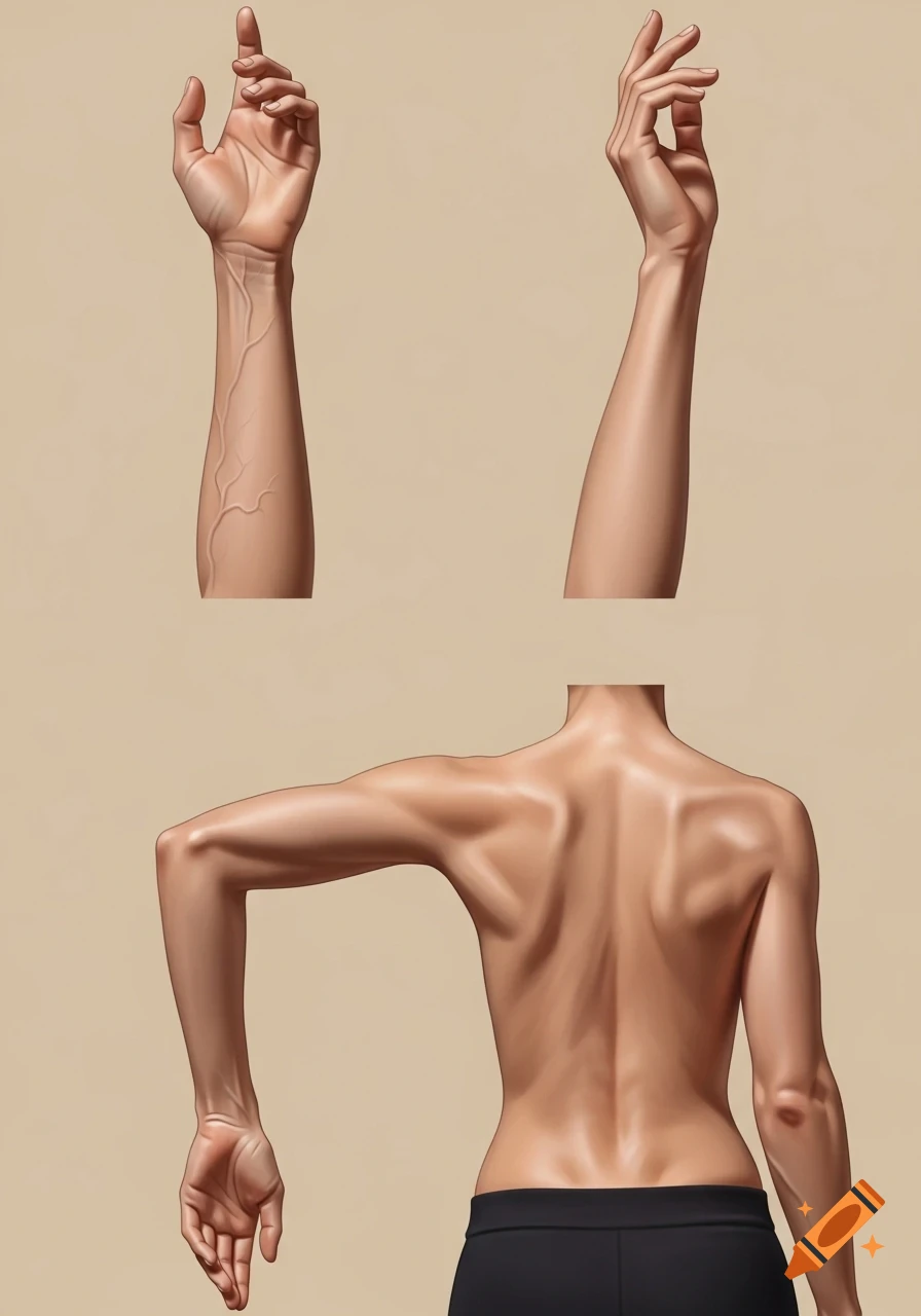 Realistic anatomical illustrations of human forearms and a female back, showing muscles and veins on a light background.