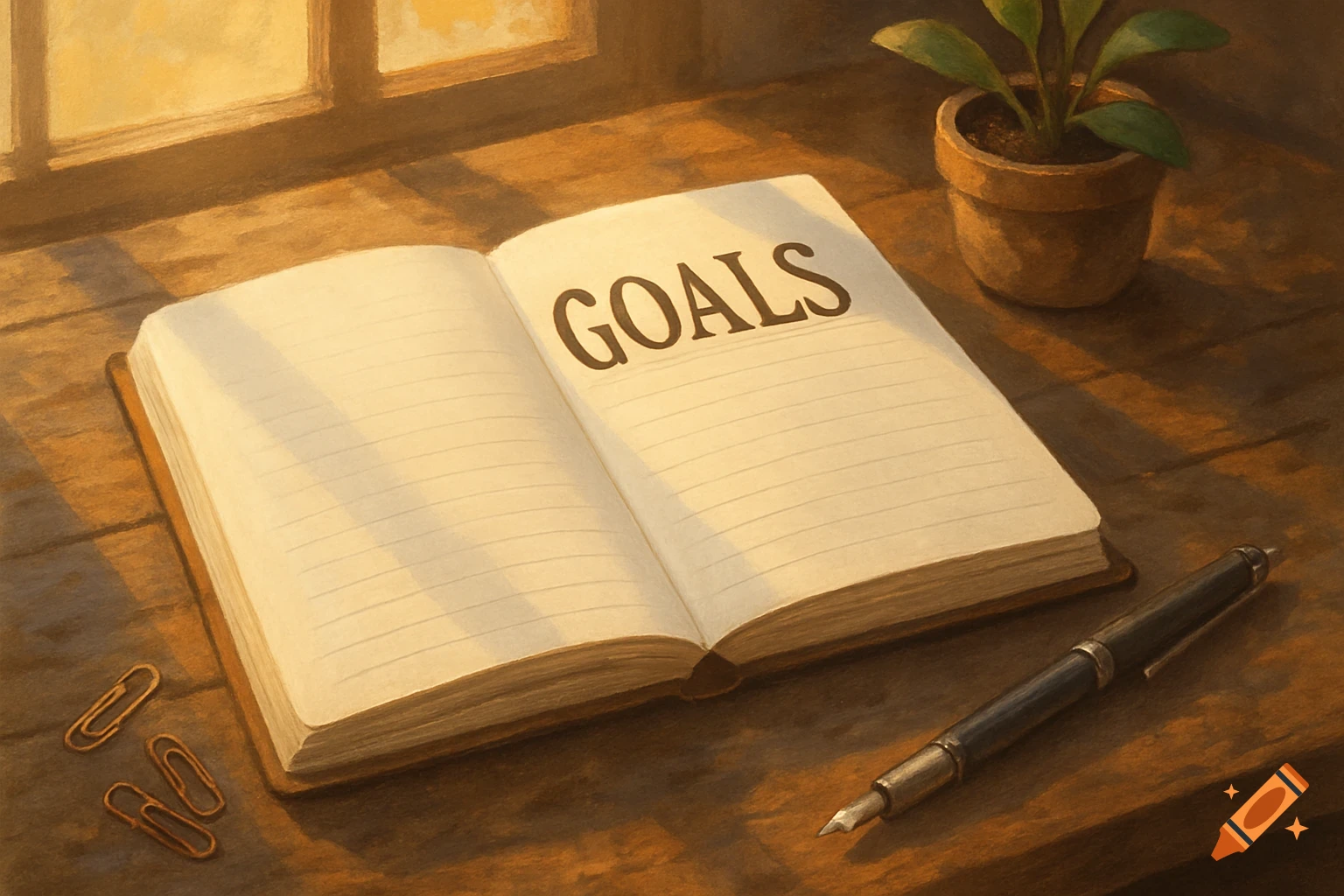 Open notebook with "GOALS" written, pen, paperclips, and plant on a wooden desk by a sunlit window. Painterly.