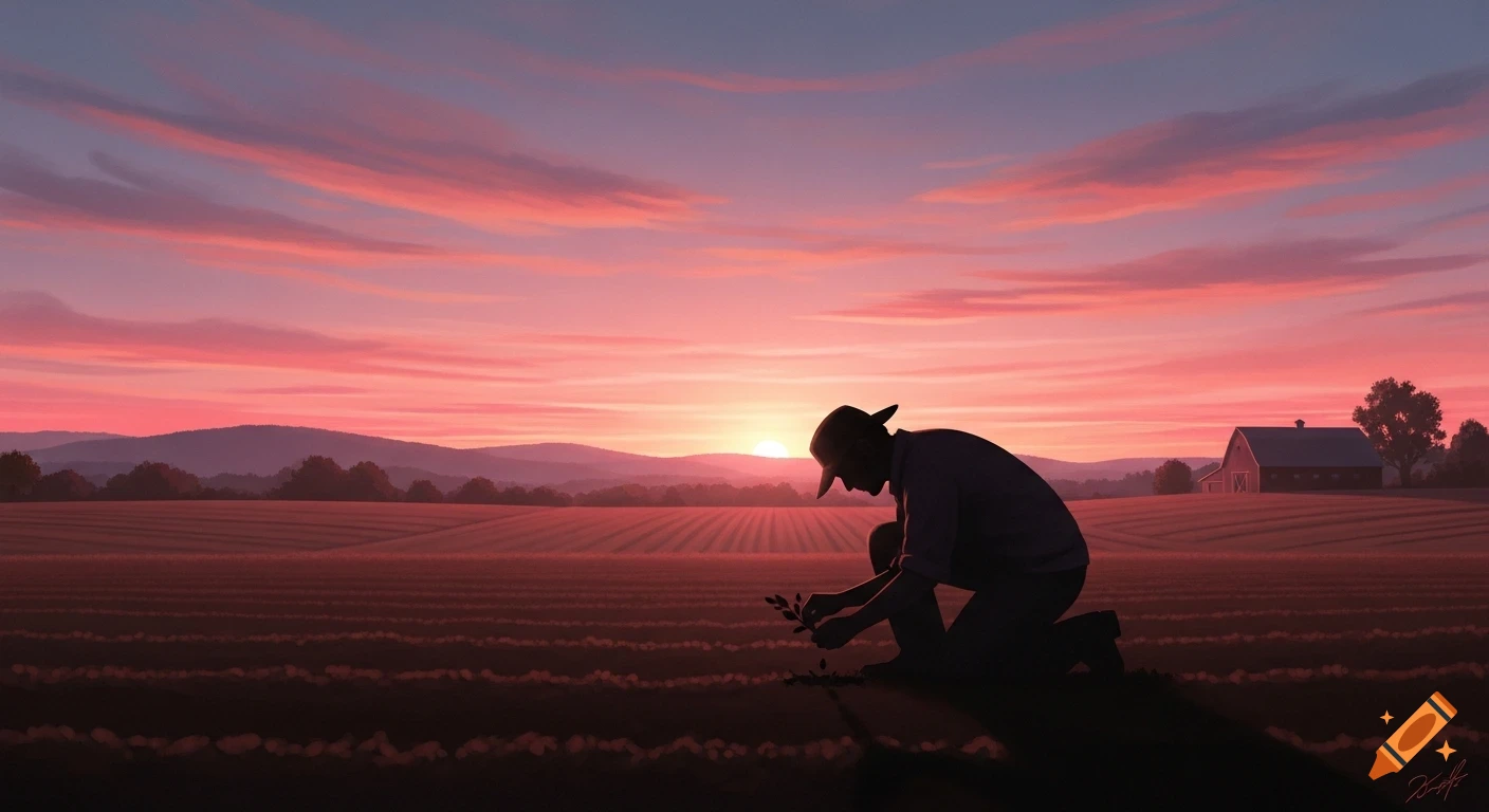 Silhouette of a farmer kneeling in a field, planting a seed at a vibrant sunset with a barn in the distance. Digital art.