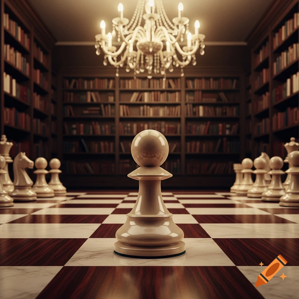 A photorealistic image of a white pawn standing centrally on a chessboard in a grand library under a sparkling chandelier.
