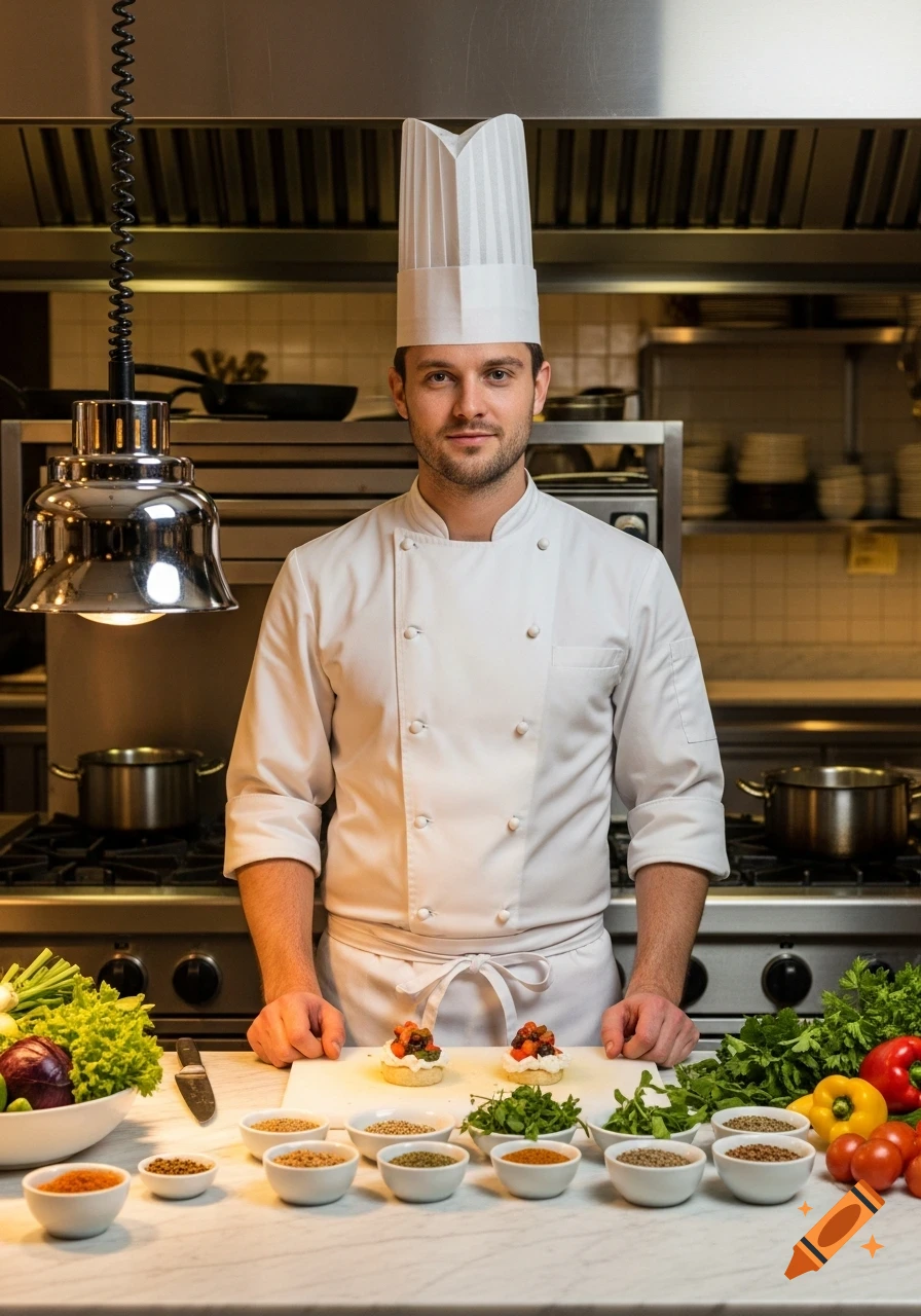 A professional male chef in a white uniform and hat stands in a kitchen, surrounded by fresh vegetables and spices.
