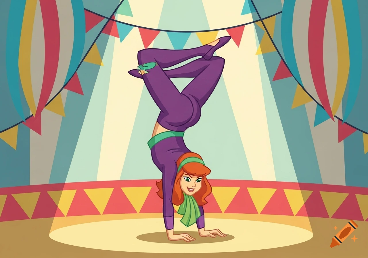 Daphne from Scooby-Doo performs a handstand on a circus stage, smiling in a 2D cartoon style.