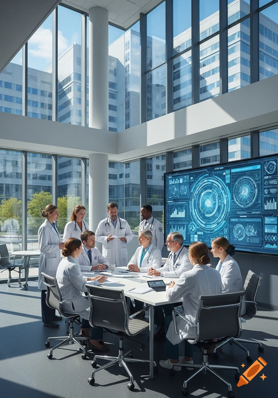 A team of doctors meets in a modern conference room with large windows overlooking city buildings and a large screen displaying medical data.