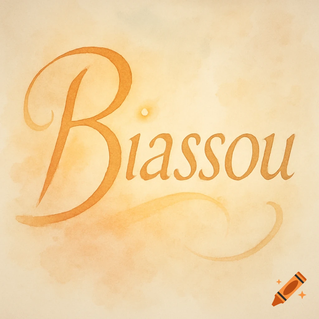 The name 'Biassou' in elegant golden-orange calligraphic script, rendered in a watercolor style on a light background.