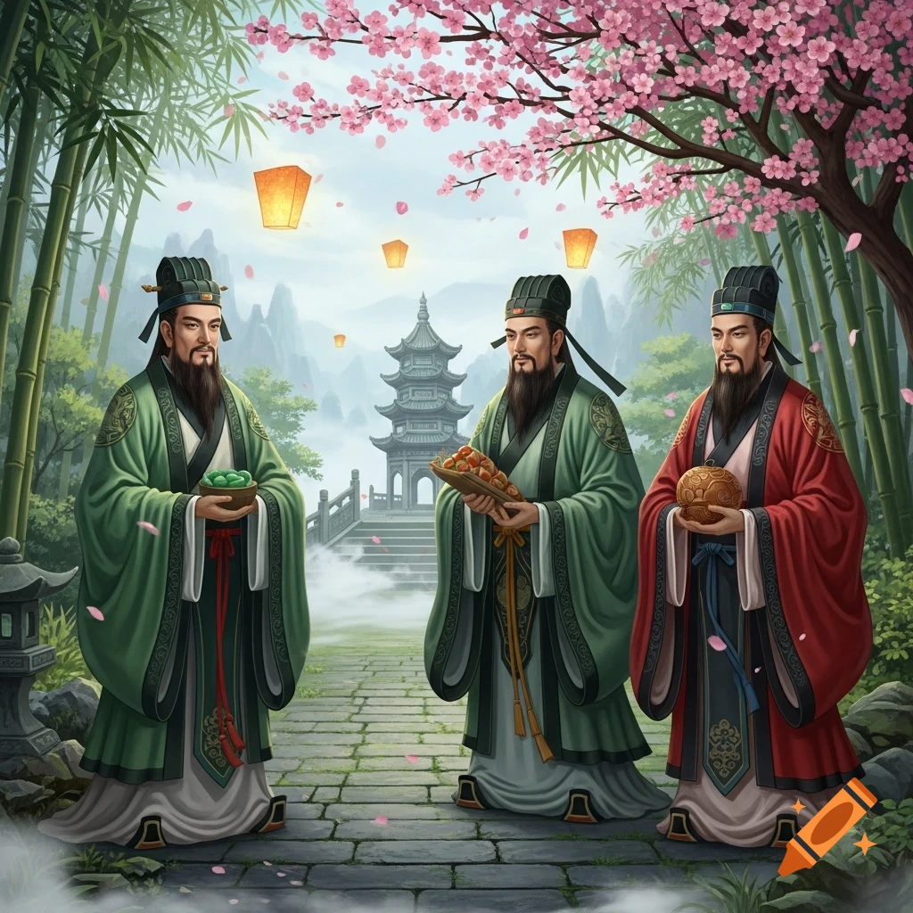 Three men in traditional Chinese robes stand on a stone path in a bamboo forest with cherry blossoms, a pagoda, and flying lanterns.