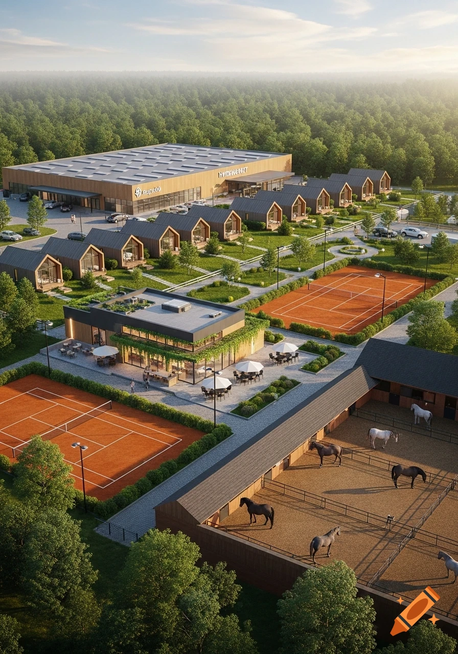 Aerial view of a modern resort featuring a large building, cabins, tennis courts, cafe, and horse stables with horses, surrounded by a forest.