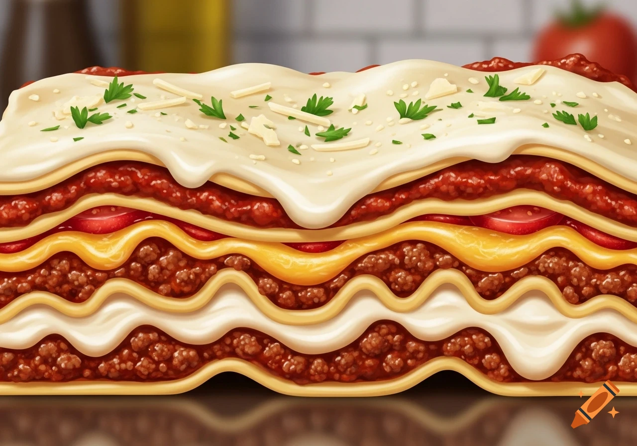 A detailed cross-section of a lasagna, showing layers of pasta, ground meat, tomato sauce, and cheese, in an illustrative style.