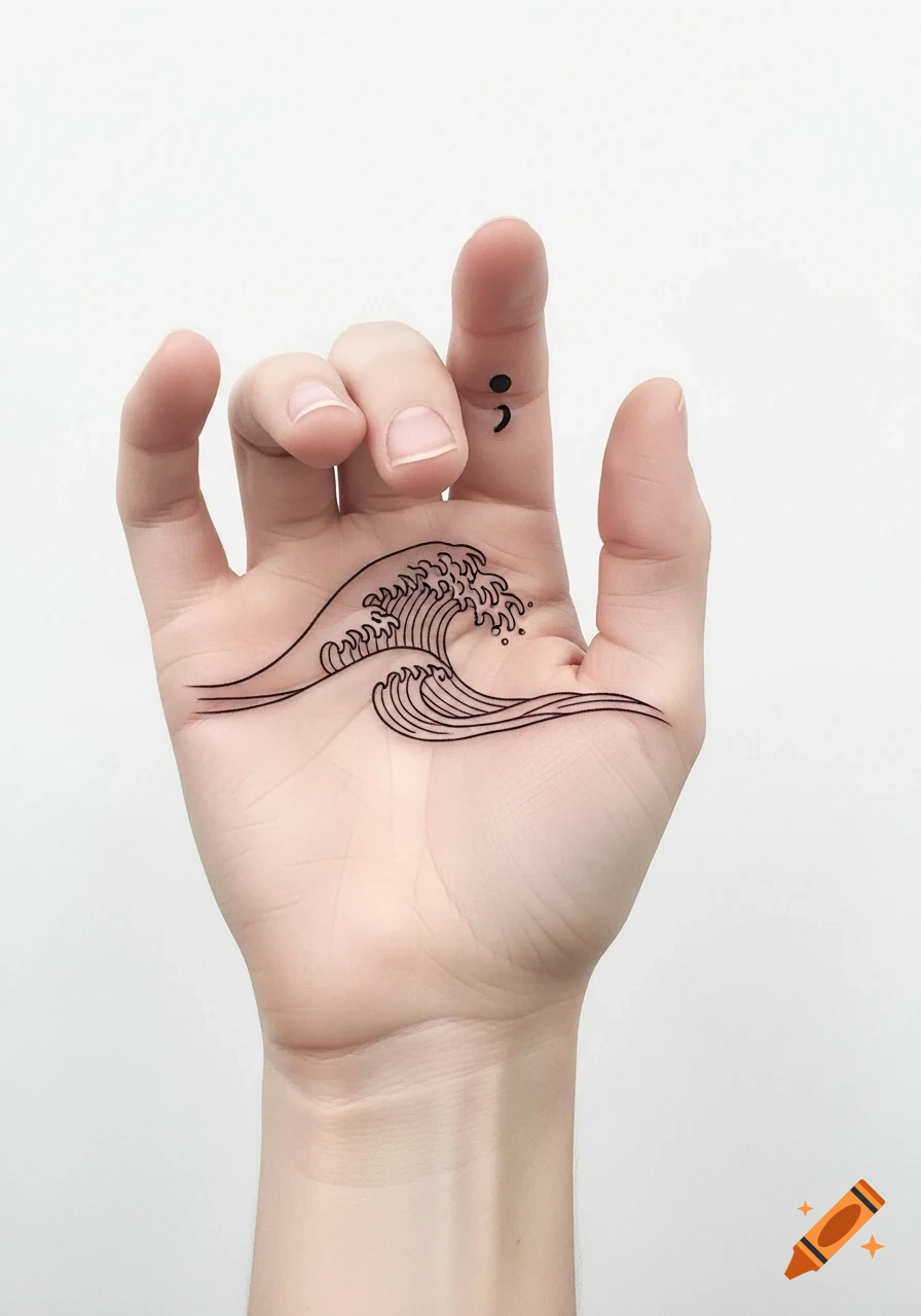 A hand with a minimalist black line tattoo of an ocean wave on the palm and a semicolon on the ring finger, against a white background.