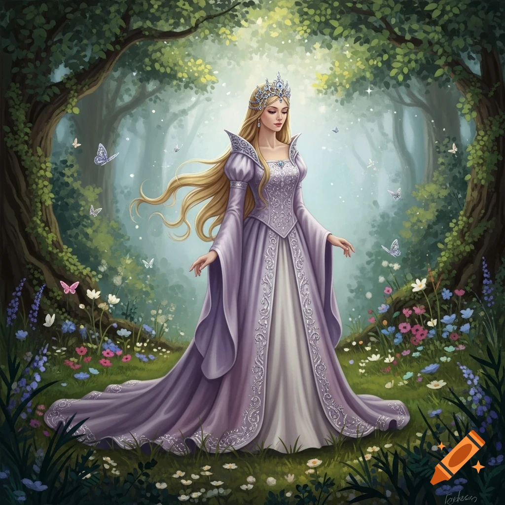 A fantasy digital painting of a blonde princess in a purple gown and crown, standing in an enchanted forest with flowers and butterflies.