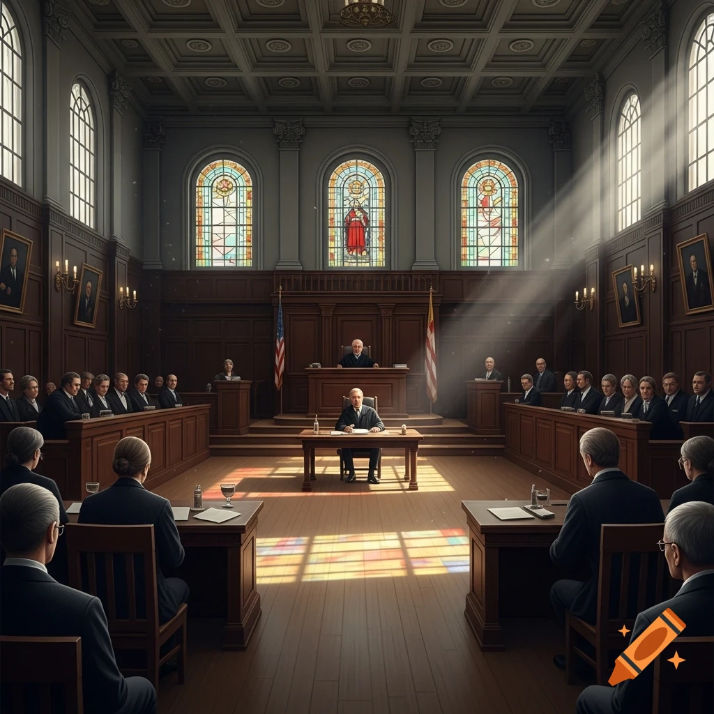 A grand, formal courtroom with high ceilings and stained-glass windows, filled with people in dark suits, including a judge on a raised bench and a witness at a central table, bathed in sunlight.