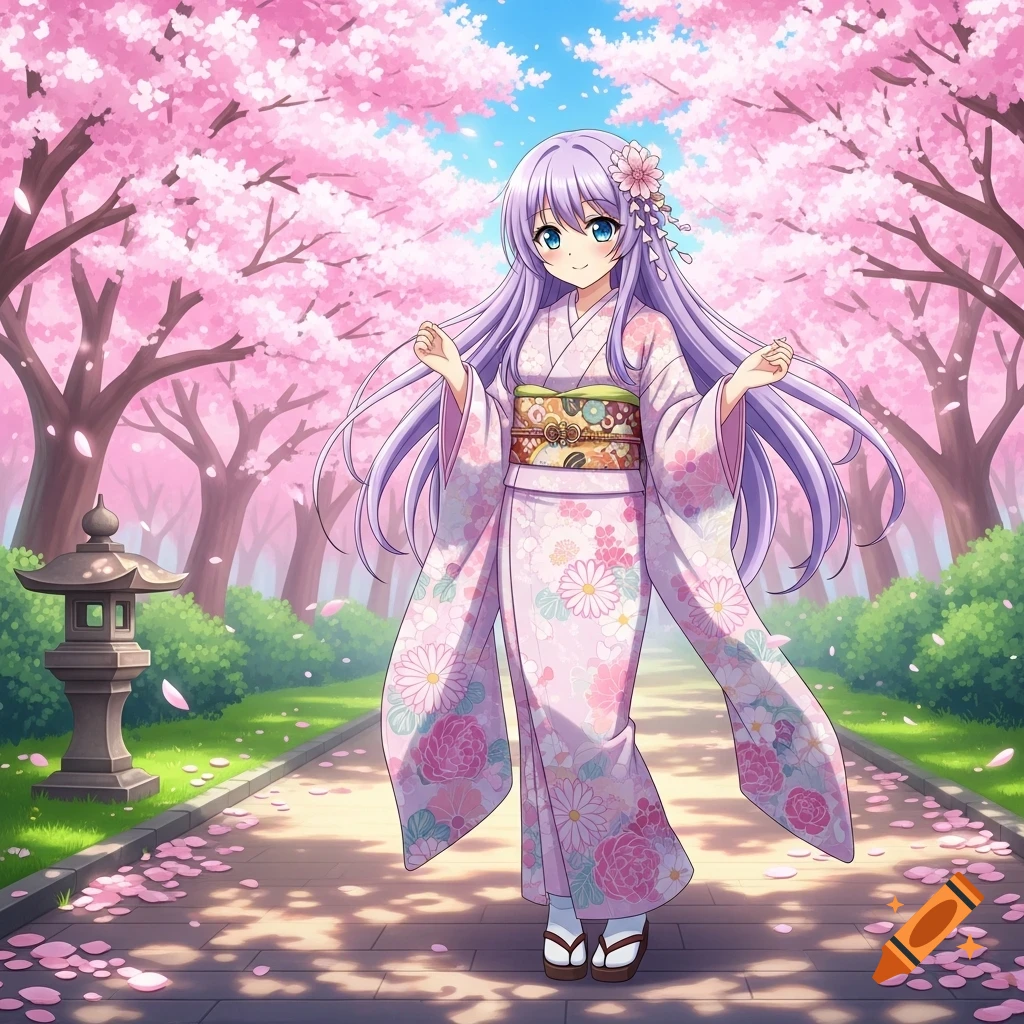 Anime girl with long purple hair and blue eyes wearing a pink kimono, standing in a cherry blossom park with falling petals.