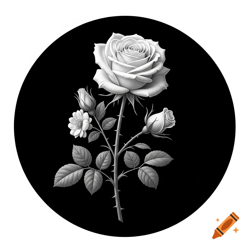 A detailed greyscale illustration of a white rose with buds and leaves on a thorny stem, centered within a black circle.