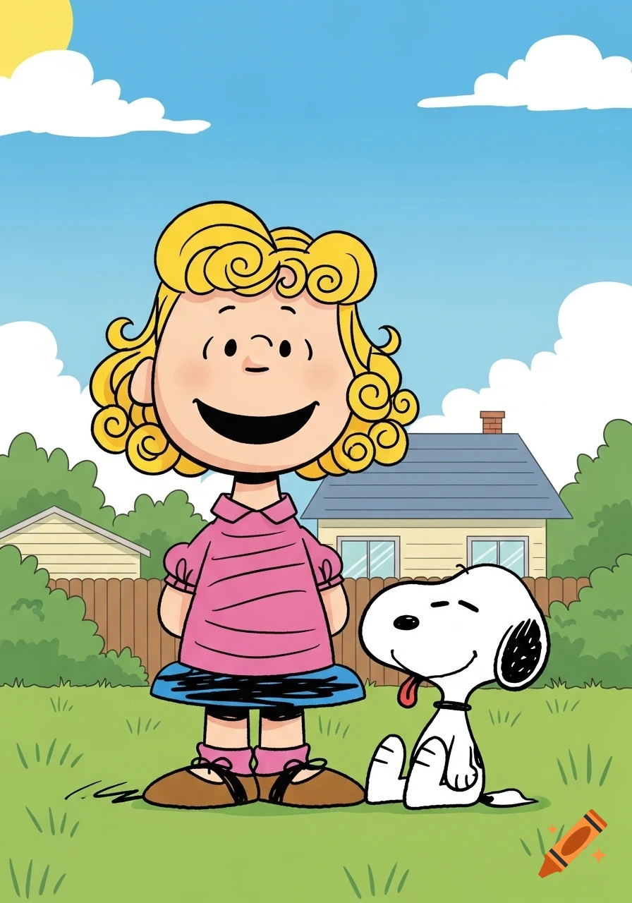 A cartoon girl with blonde curly hair and Snoopy sitting next to her in a grassy backyard under a blue sky.