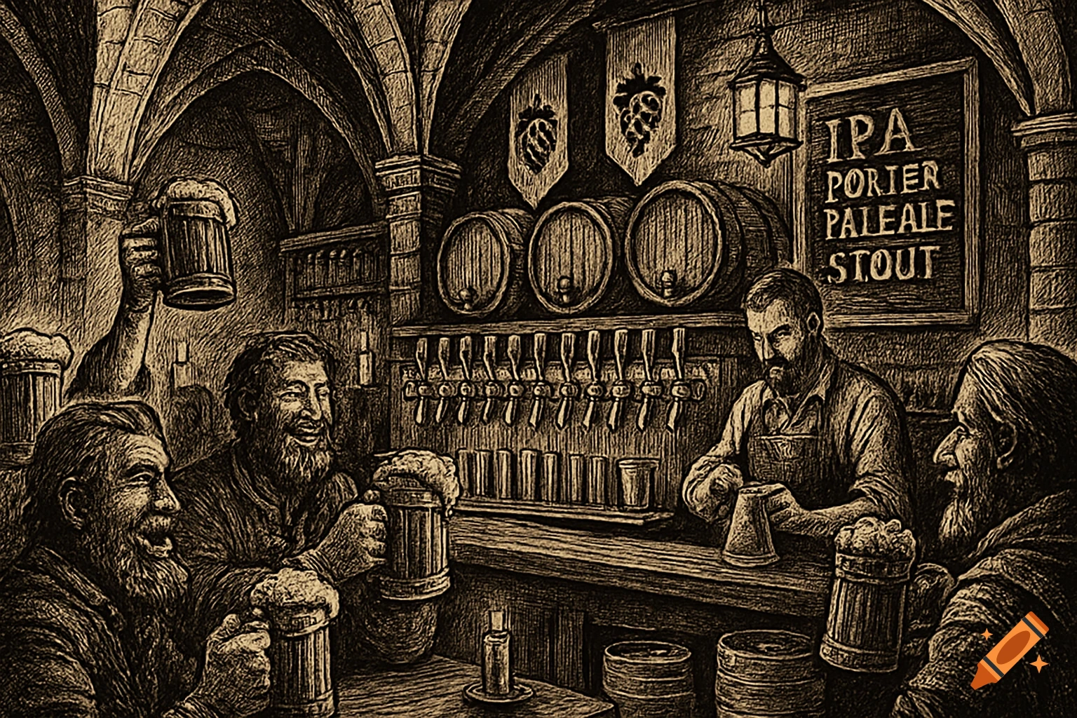 An elaborate ink illustration depicting a lively medieval tavern with bearded patrons drinking beer from mugs, a brewer behind a bar with many taps and barrels, and a chalkboard menu.