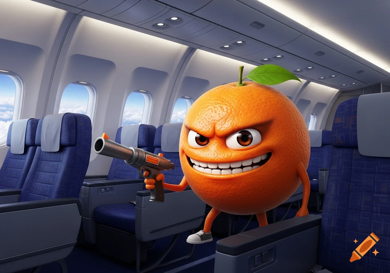 An angry, animated orange character holds a gun while standing in the aisle of a passenger airplane.