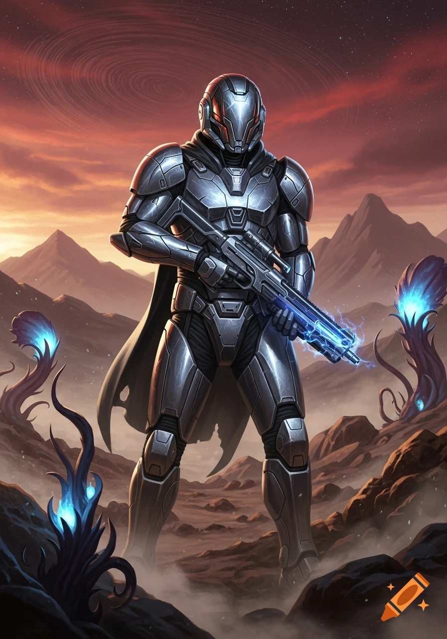 A futuristic soldier in silver armor stands on an alien planet, holding a glowing energy rifle under a red, swirling sky.