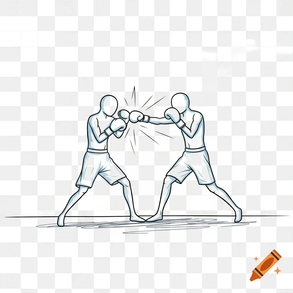 A line art illustration of two stick figures boxing, one landing a punch.