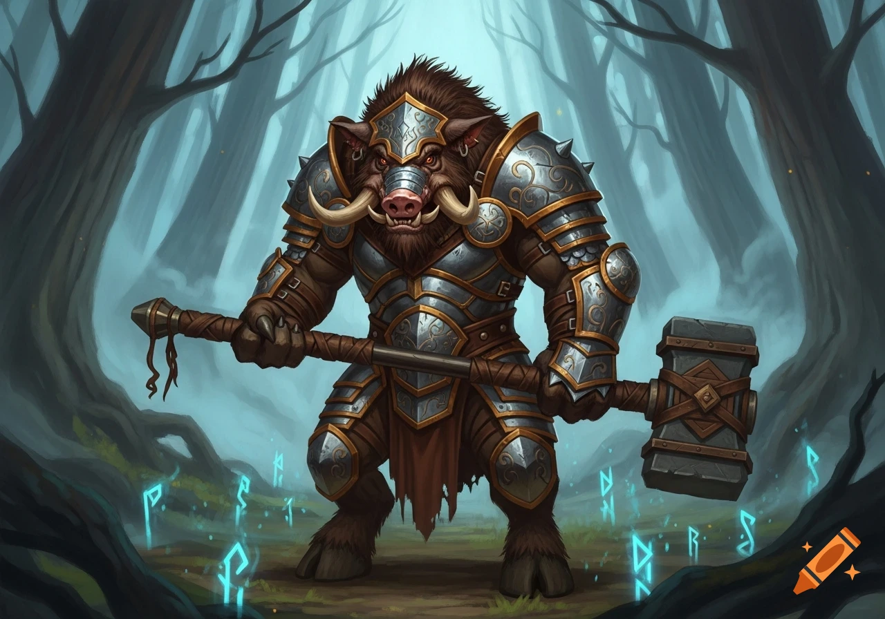 A heavily armored Dungeons and Dragons werboar with tusks wields a large maul in a misty forest with glowing blue runes.