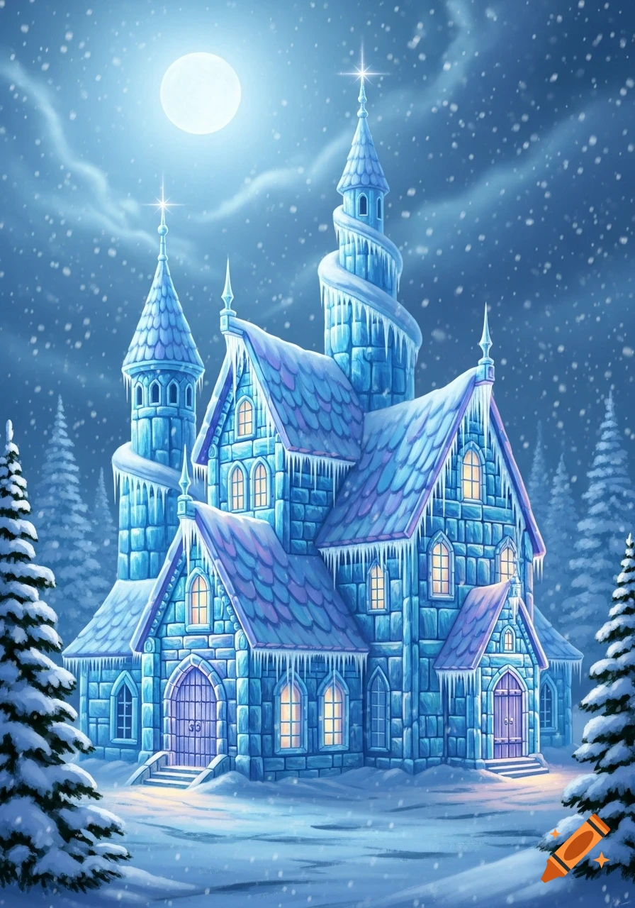A whimsical, glowing ice castle in a snowy forest at night, under a full moon.