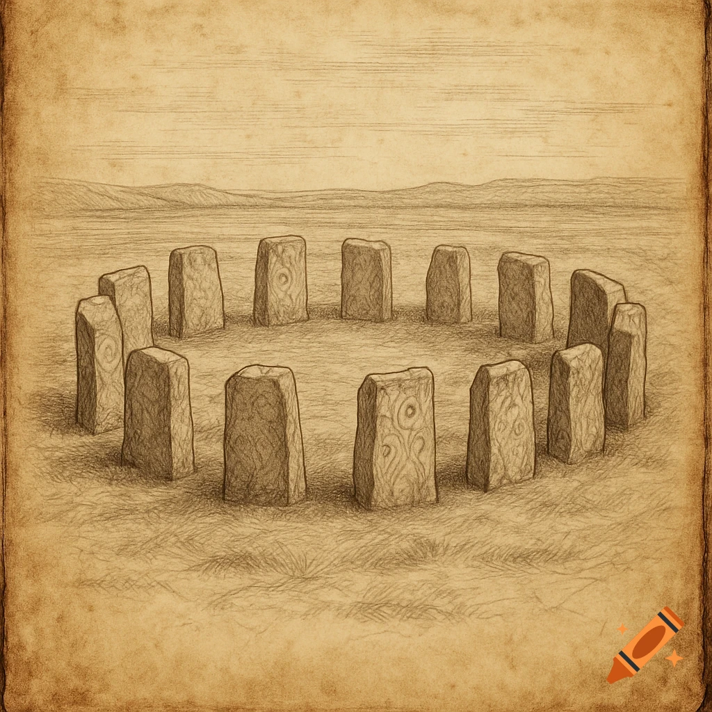 Ink and pencil sketch of an ancient stone circle on a plain, drawn on old paper.