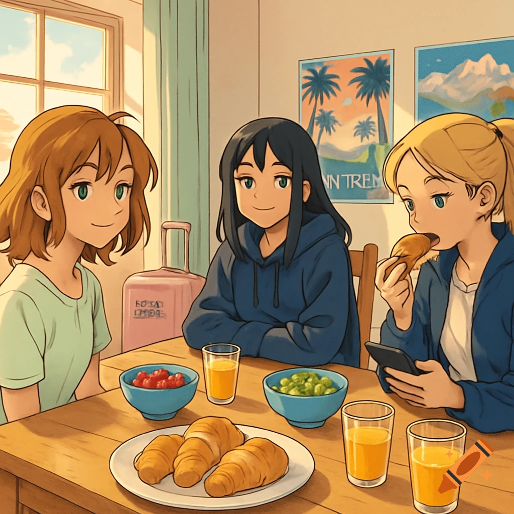 Three anime-style girls eating breakfast at a wooden table in a dorm room with posters, bathed in soft daylight.