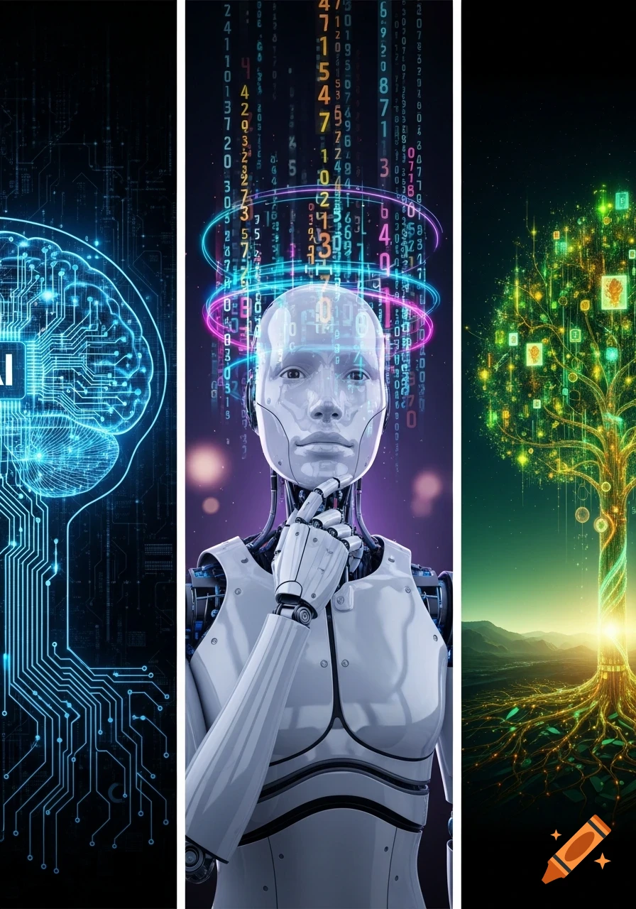 A triptych representing AI: a circuit board brain with 'AI', a thinking ...