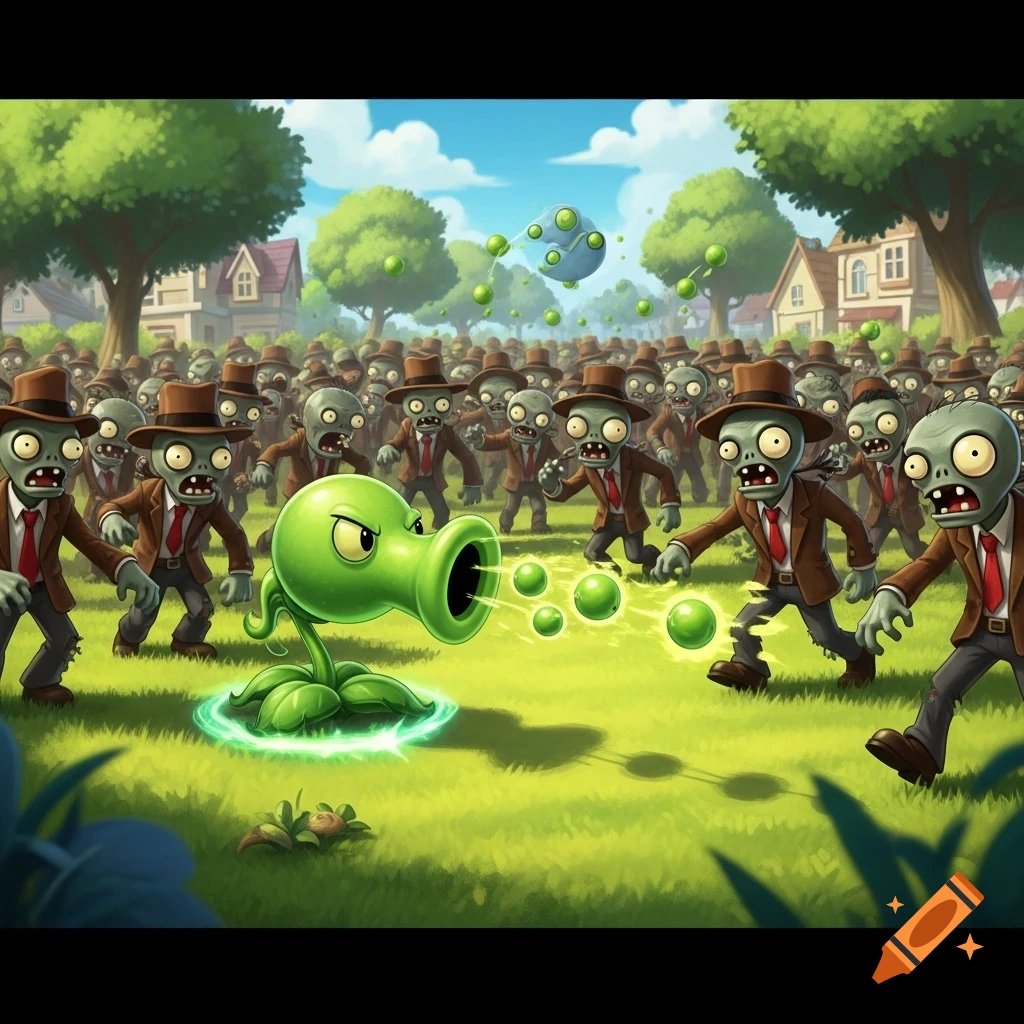 A cartoon peashooter shoots glowing green peas at a large army of brown-suited zombies on a green lawn with houses in the background.