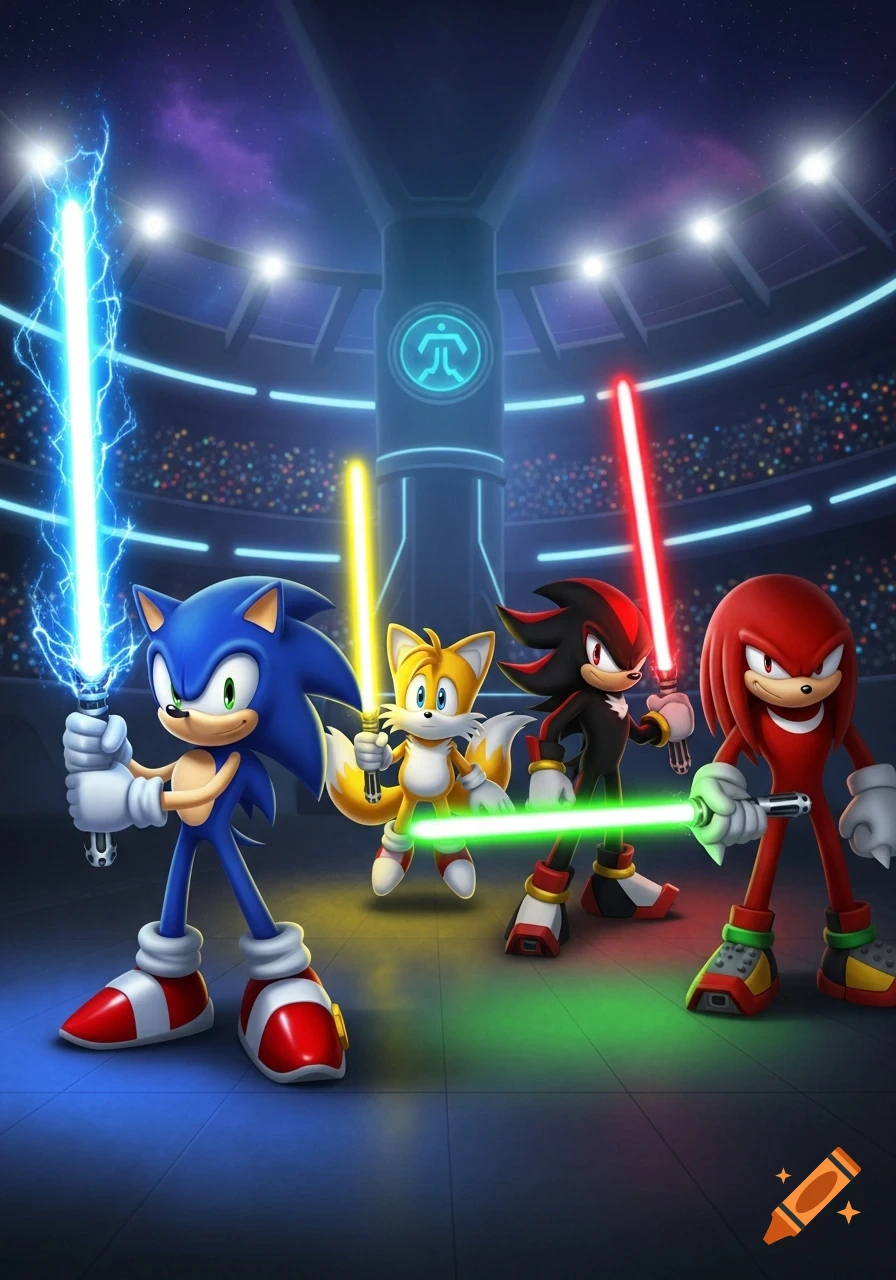 Sonic, Tails, Shadow, and Knuckles from Sonic the Hedgehog hold colorful lightsabers in a futuristic arena.