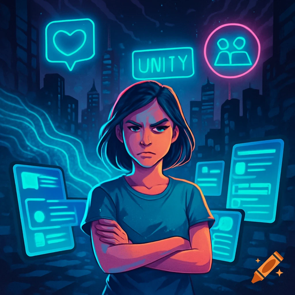 A stern young woman with crossed arms against a neon-lit cityscape with social media icons, digital art style.