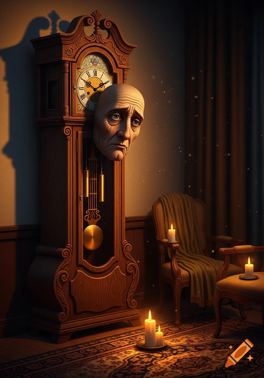 A surreal image of a sad, bald man's face emerging from a wooden grandfather clock in a dimly lit, candlelit room.