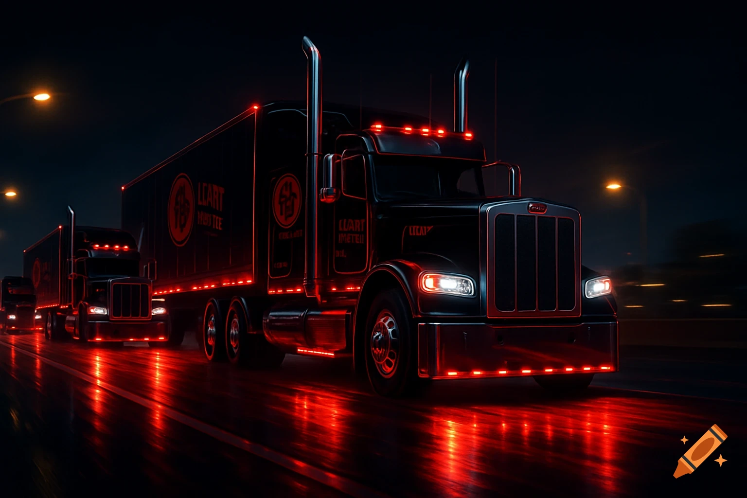 Black semi-trucks with vibrant red LED underglow and accent lights driving at night on a wet road, reflecting the red light.