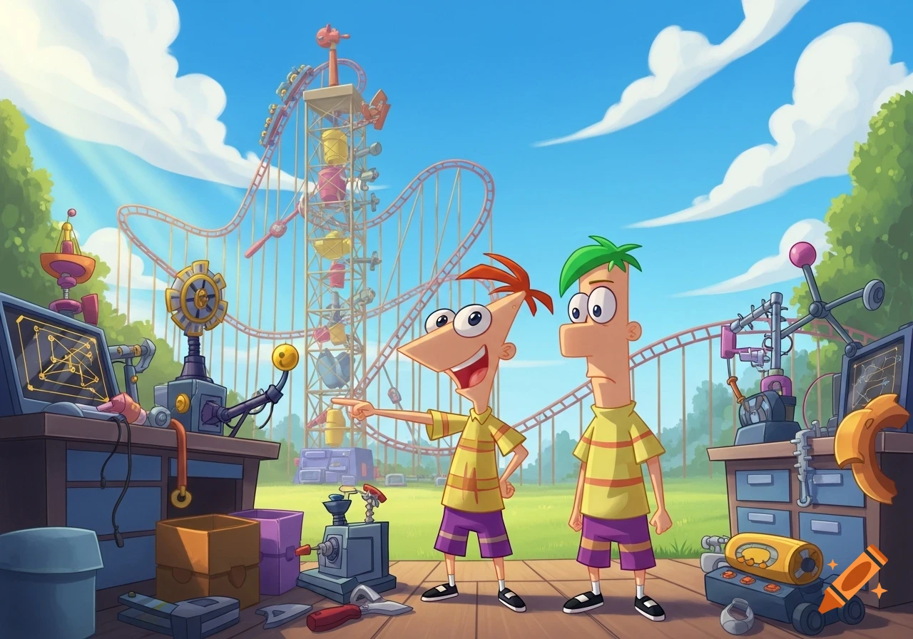 Cartoon of Phineas pointing while Ferb stands next to him in front of a ...