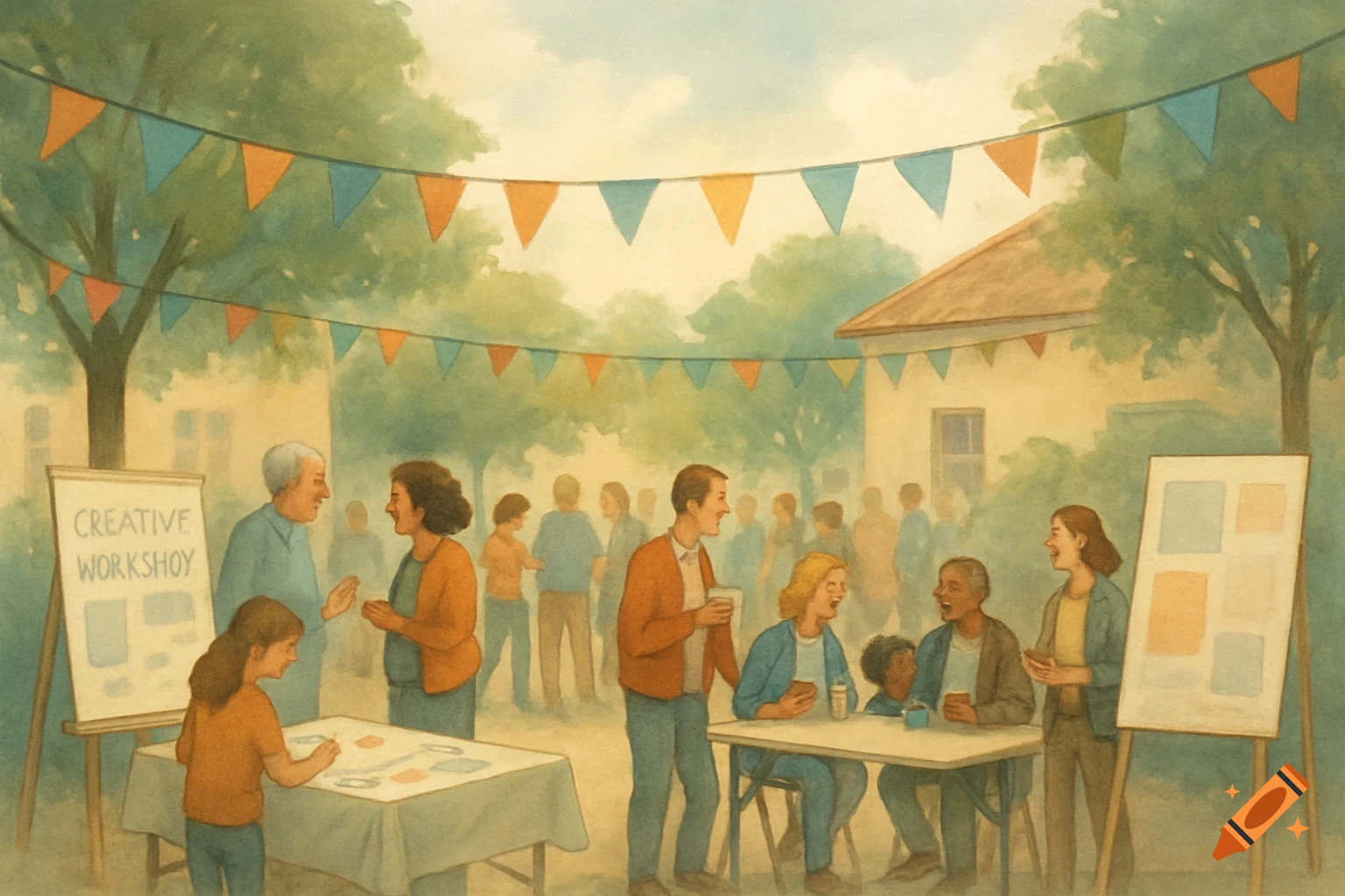 A watercolor illustration of a lively outdoor community event with diverse people chatting, a creative workshop stand, and colorful pennant banners.