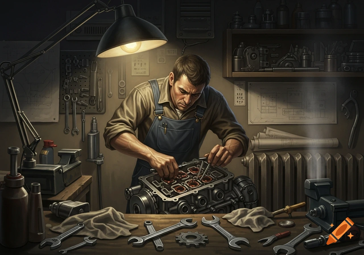 A man in overalls meticulously repairs an engine block on a workbench in a dimly lit workshop, surrounded by tools.