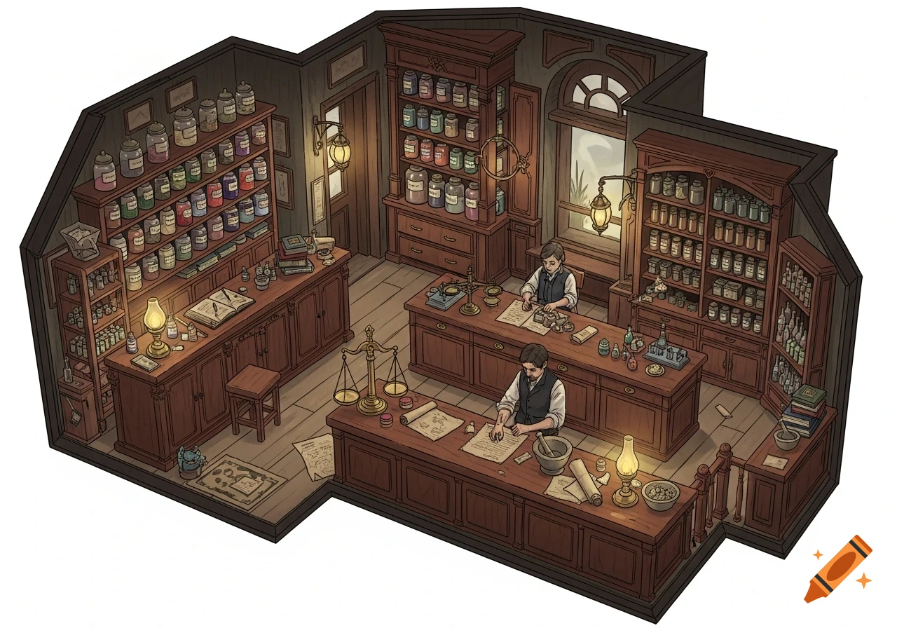 Isometric view of a detailed Victorian apothecary with two men working at wooden counters surrounded by shelves of bottles and jars.
