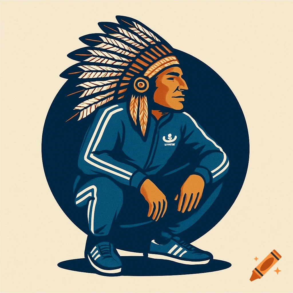Stylized illustration of a Native American chief in a headdress and adidas-style tracksuit doing a slav squat.