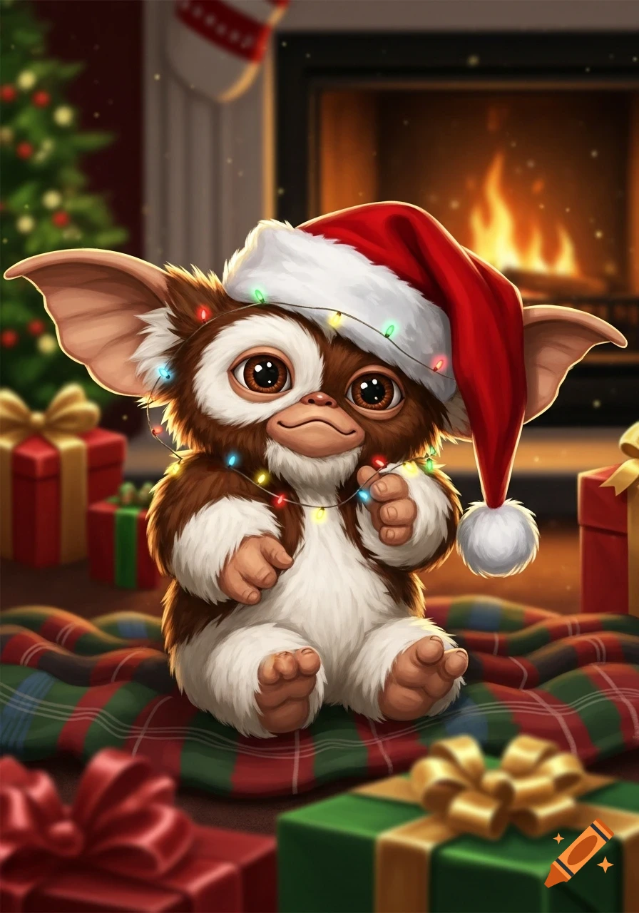 Cute Gizmo from Gremlins wearing a Santa hat, tangled in colorful Christmas lights, sitting on a plaid blanket among presents by a fireplace and Christmas tree.