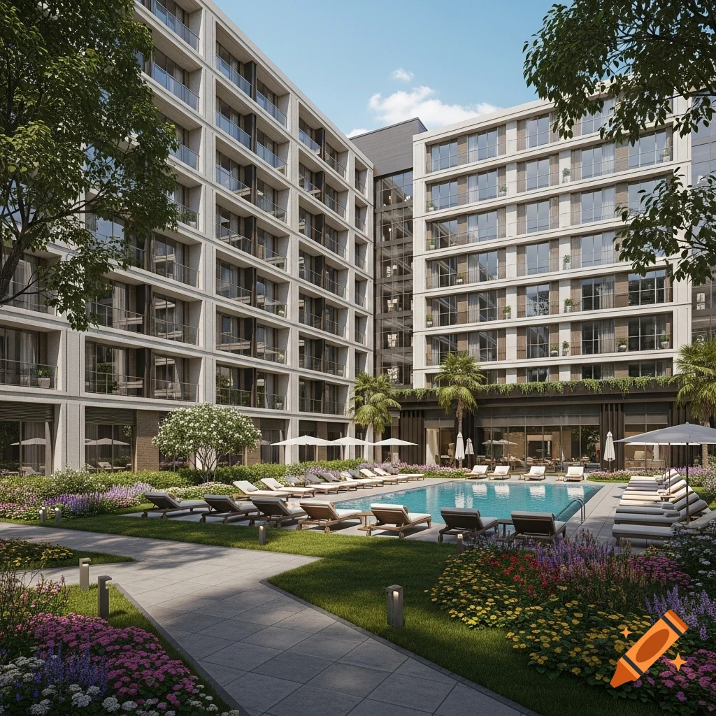 Photorealistic view of a modern apartment complex with a central courtyard, swimming pool, and landscaped gardens.