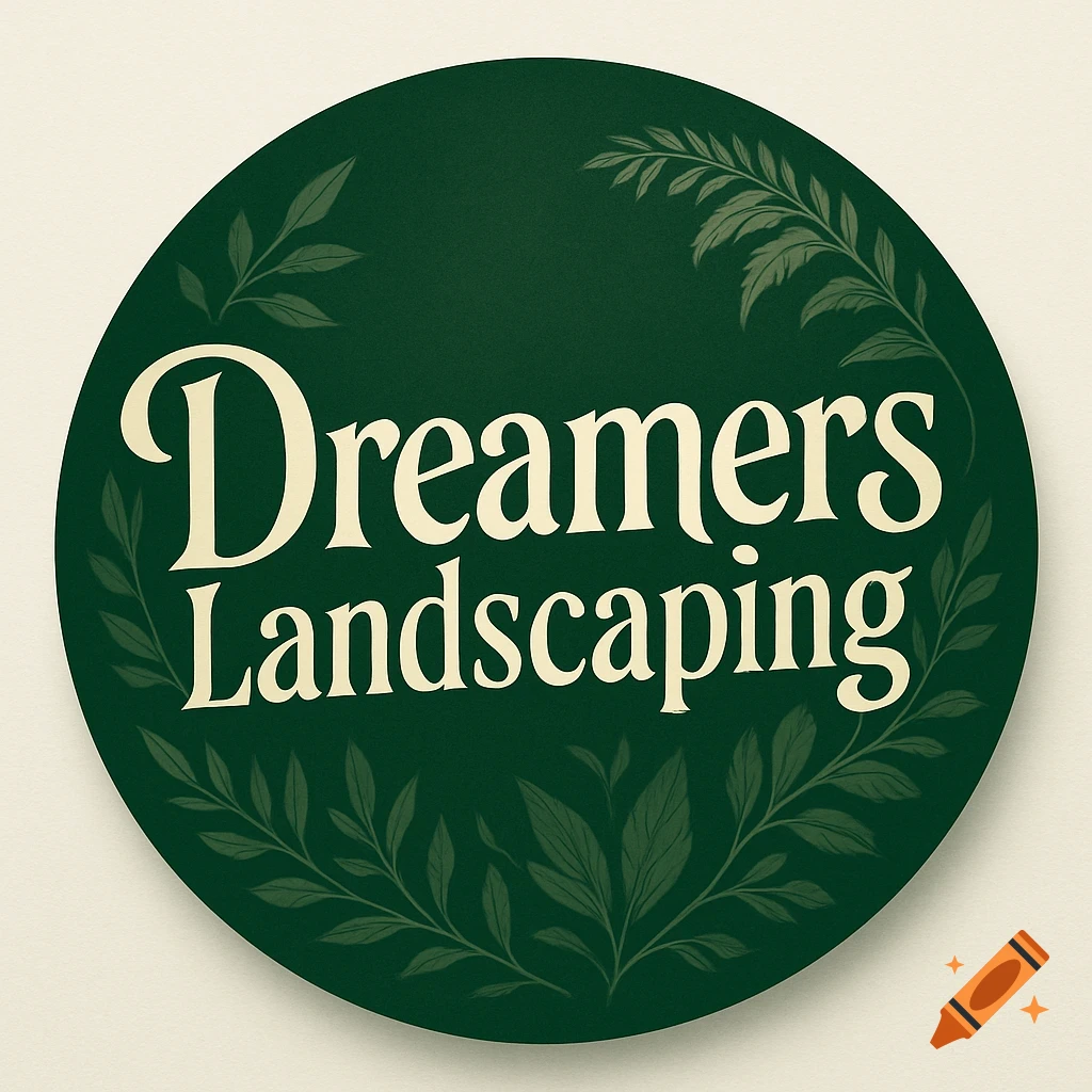 Circular green logo with creamy yellow text "Dreamers Landscaping" and decorative leaf patterns.