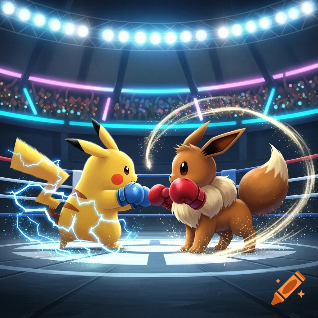 Pikachu in blue boxing gloves and Eevee in red boxing gloves face each other in a brightly lit boxing ring.